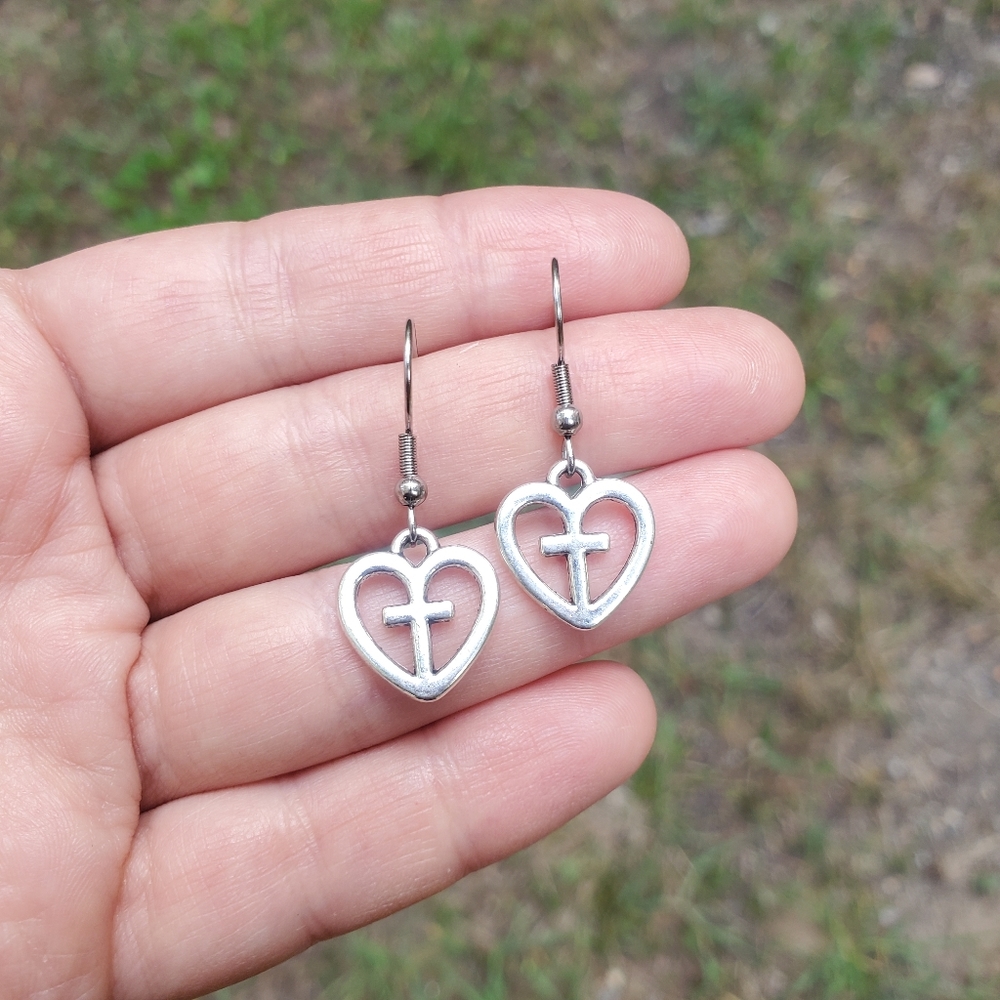 New Handmade Dainty Silver Cross Heart Earrings - Picture 12 of 15